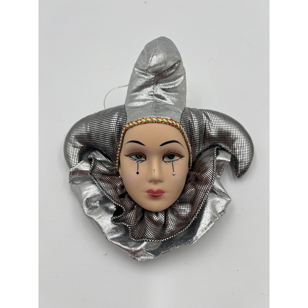 Vintage 1980s Ceramic Pierrot Jester Wall Mask Silver Metallic Hanging Ornament